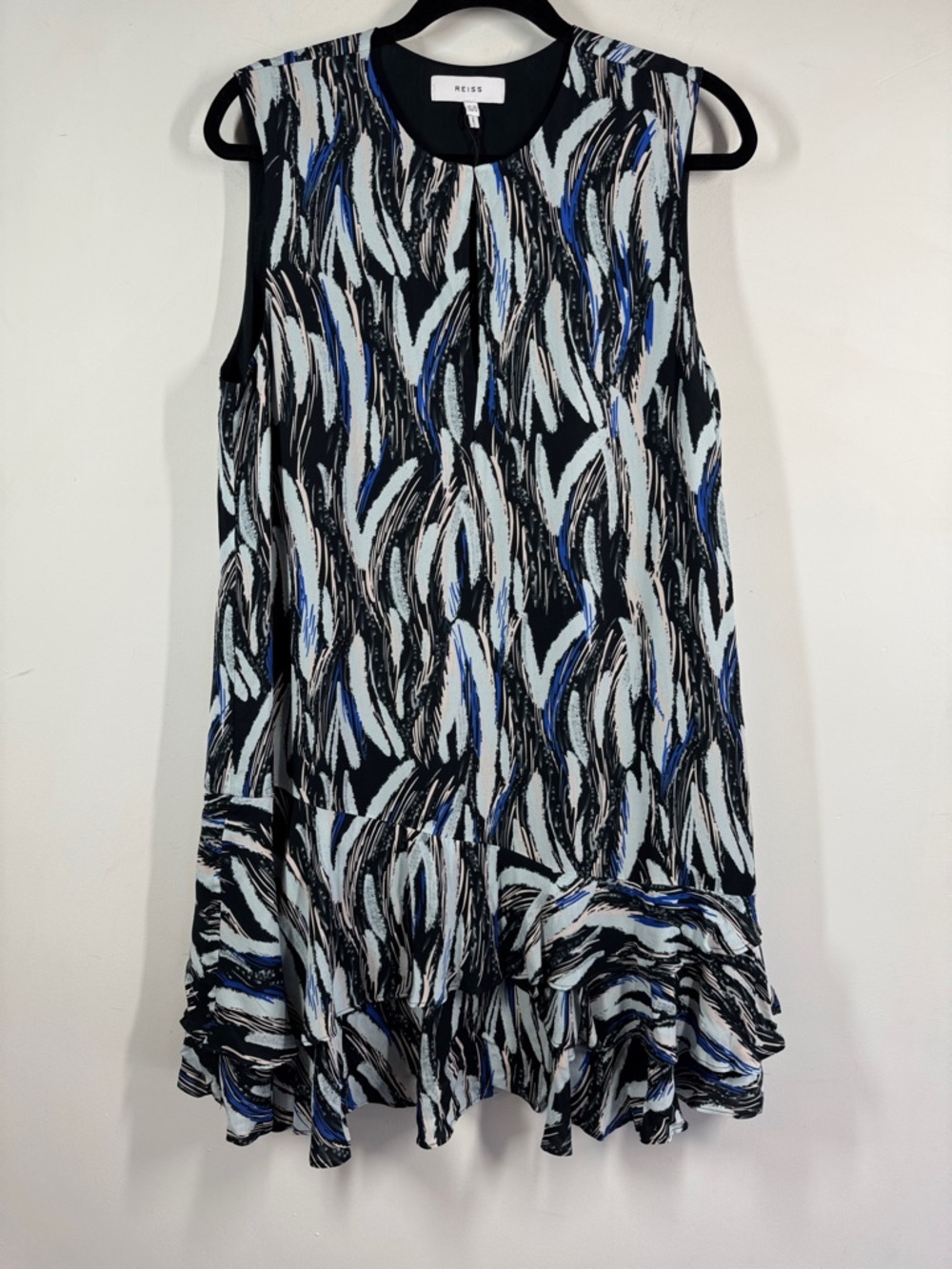 Reiss Blue White Sleeveless Ruffle Hem Printed Abstract Dress in Size 8 Resort - Picture 2 of 10
